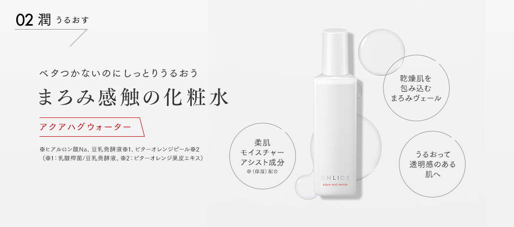 02 潤 うるおす　ベタつかないのにしっとりうるおう　まろみ感触の化粧水　アクアハグウォーター